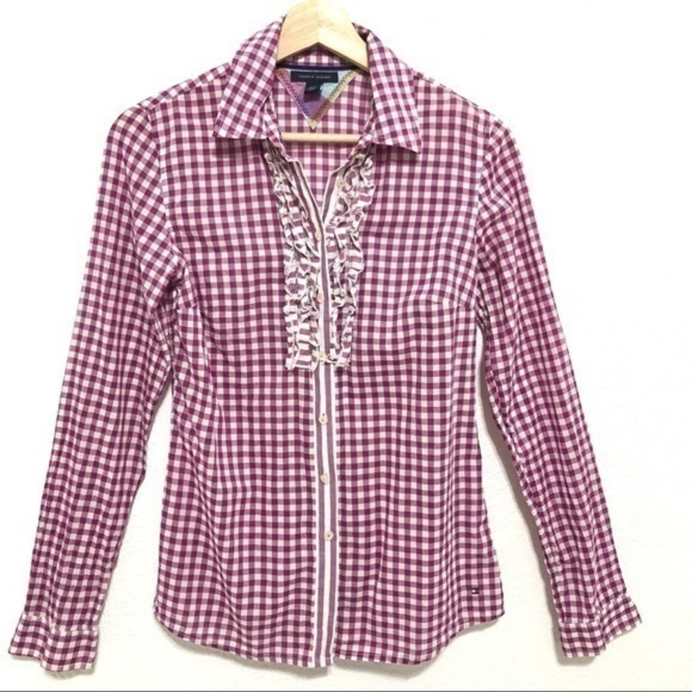 TOMMY HILFIGER PURPLE WHITE GINGHAM PLAID BUTTON UP SHIRT XS